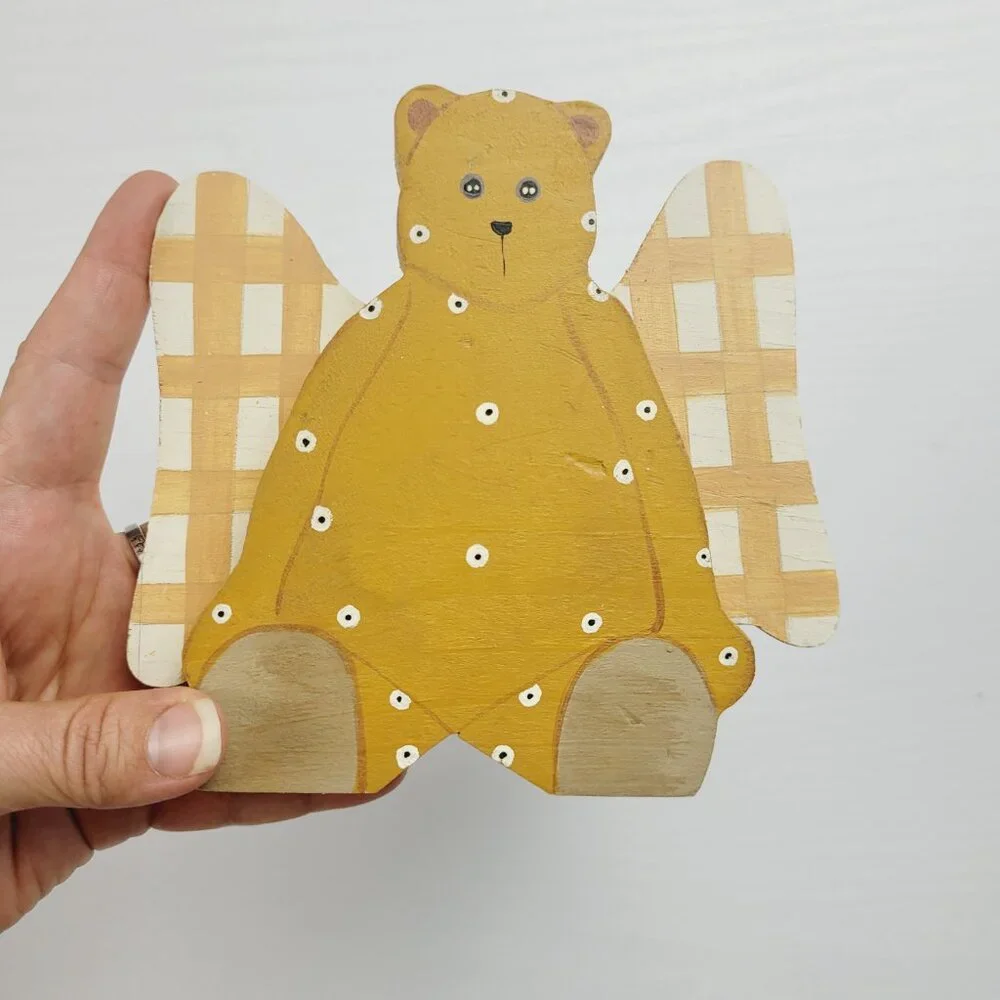 Two Vintage Handmade Folk Art Wooden Bears Angel Wings Heart Hand Painted polka.